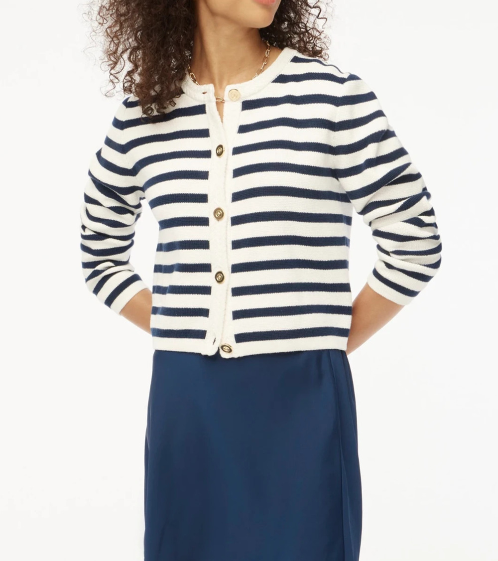 J. Crew Emilie Cardigan Jacket White Navy Stripe Knit Cardigan M Preppy A010559